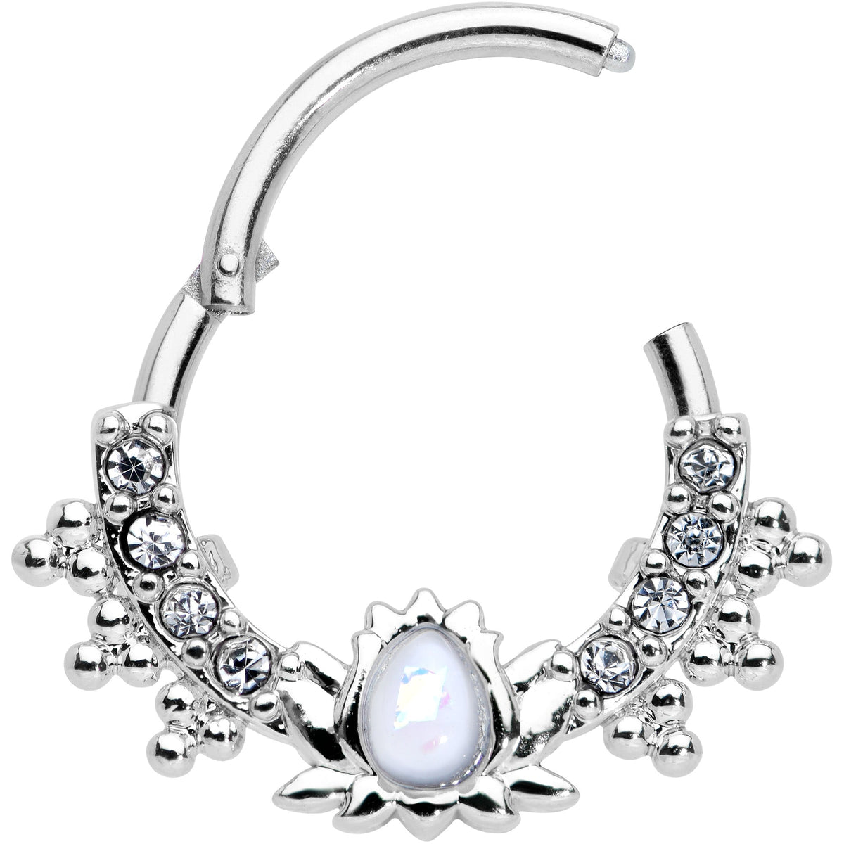 16G 3/8 White Faux Opal Stylized Lotus Hinged Segment Ring