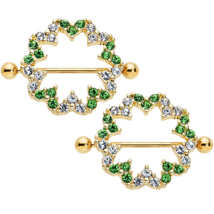 14G 25mm Gold Tone Clear Green Gem Floral Nipple Shield Set