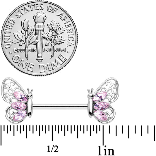 14G 9/16 Pink Gem Lacy Butterfly Barbell Nipple Ring Set