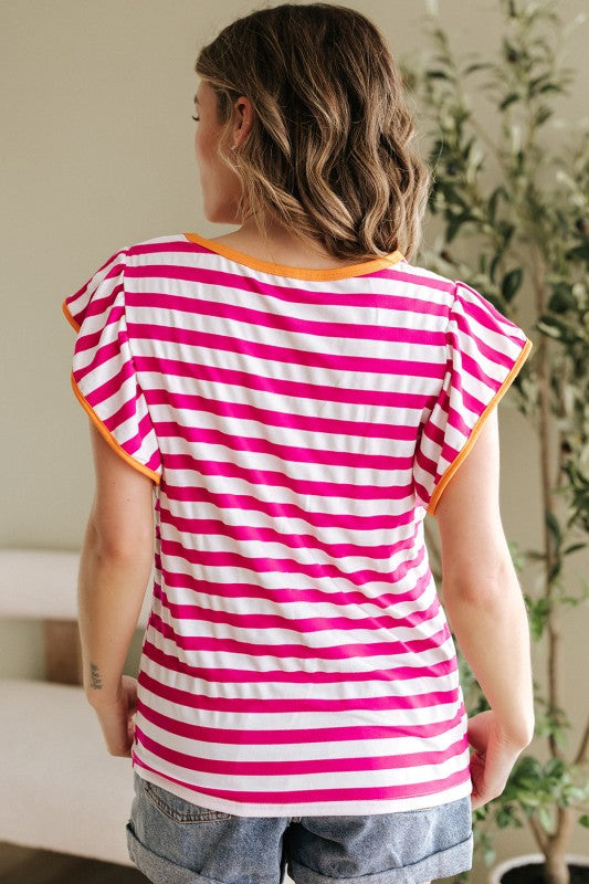 GloriaStriped Ruffle Sleeve Crew Neck Blouse