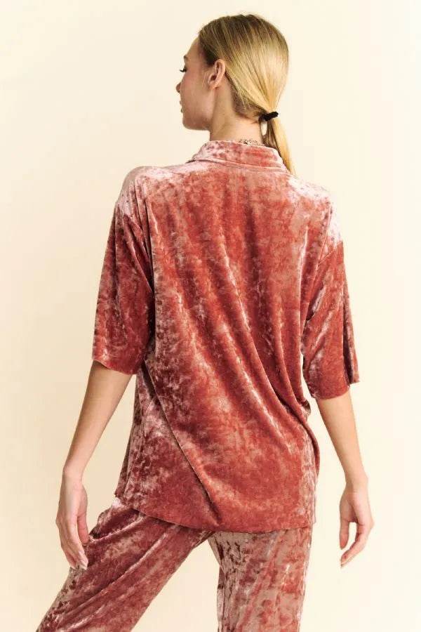 Davi & Dani Crushed Velvet Button Front Easy Lounge Shirt Top