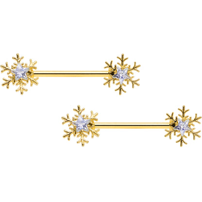 14G 9/16 Clear Gem Gold Tone Snowflake Christmas Nipple Ring Set
