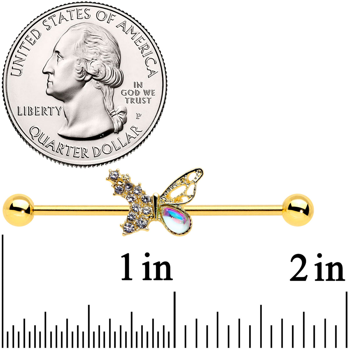 14G Clear Gem Gold Tone Glam Butterfly Industrial Barbell 38mm