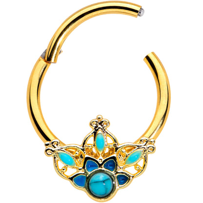 16G 3/8 Turquoise Gold Tone Opulent Flower Hinged Segment Ring