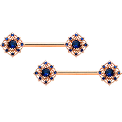 14G 9/16 Blue Gem Rose Gold Tone Wicked Web Nipple Ring Set