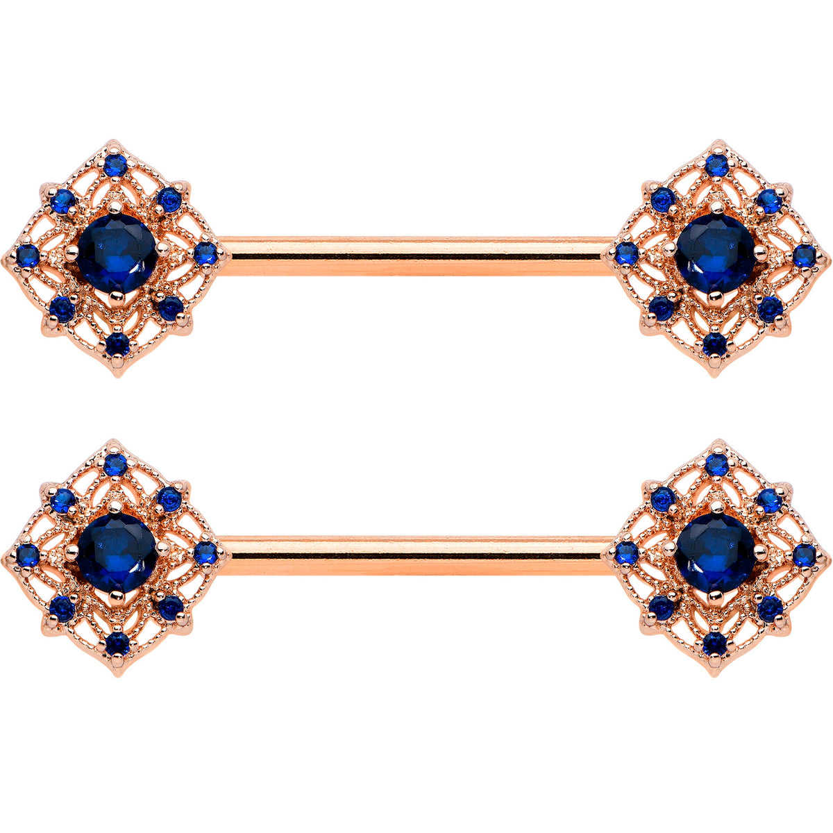 14G 9/16 Blue Gem Rose Gold Tone Wicked Web Nipple Ring Set