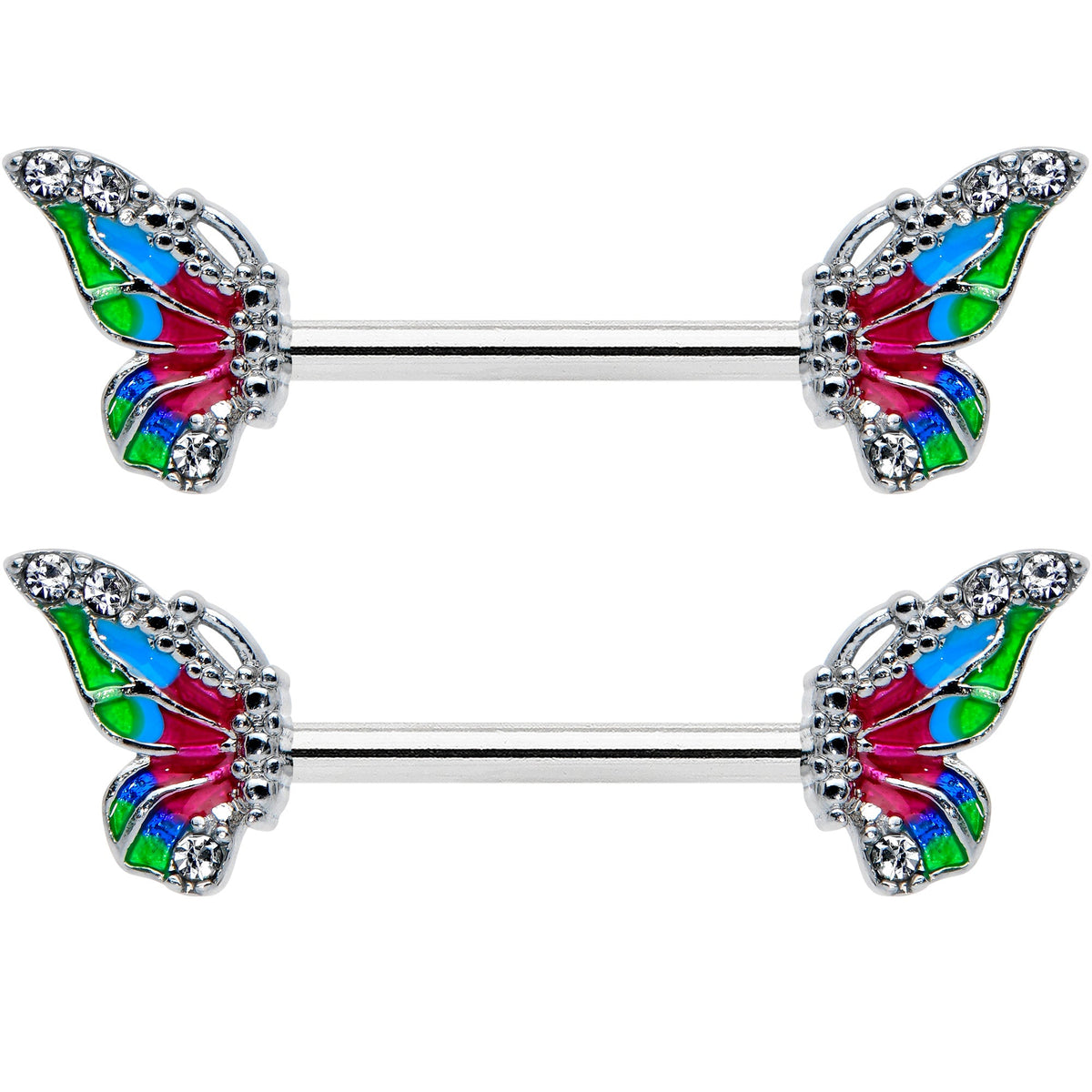 14G 1/2 Clear Gem Bright Beauty Butterfly Barbell Nipple Ring Set