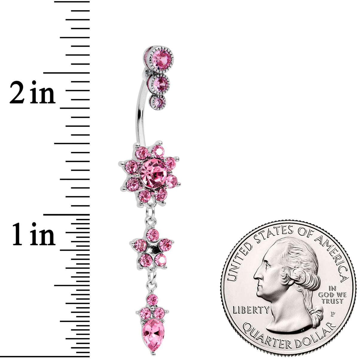Pink Gem Triple Top Double Flower Drop Dangle Belly Ring