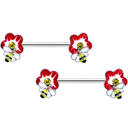 14G 9/16 Yellow Gem Queen Bee Flower Barbell Nipple Ring Set