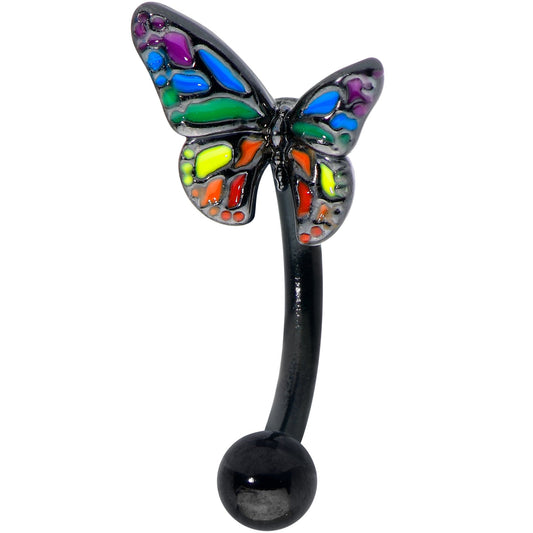 16G 5/16 Black Rainbow Pride Butterfly Curved Eyebrow Ring