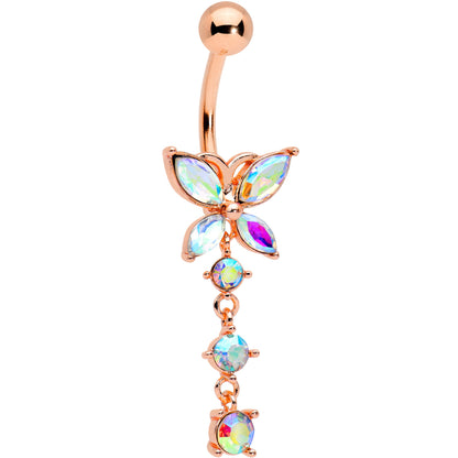 Aurora CZ Gem Rose Gold Tone Open Wing Butterfly Dangle Belly Ring
