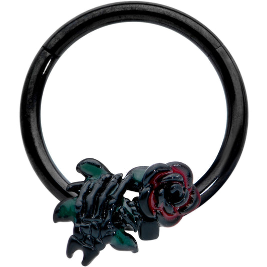 16G 3/8 Black Skeleton Flower Halloween Hinged Circular Ring