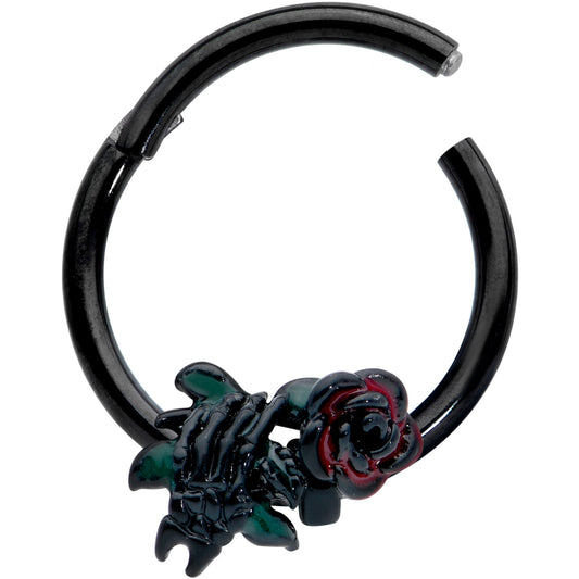 16G 3/8 Black Skeleton Flower Halloween Hinged Circular Ring
