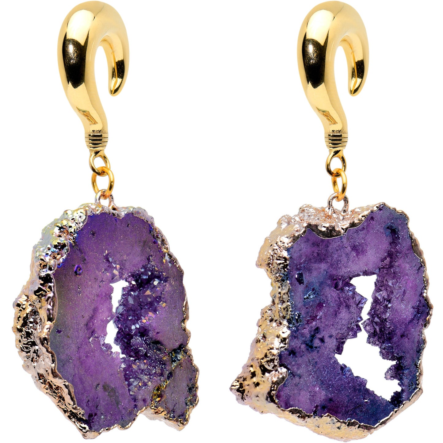 2G Gold Tone Purple Druzy Stone Curved Taper Ear Weights