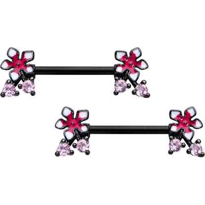 14G 9/16 Pink Gem Black Fanciful Flower Barbell Nipple Ring Set