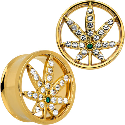 Green Gem Gold Tone Pot Leaf Double Flare Tunnel Plug Set