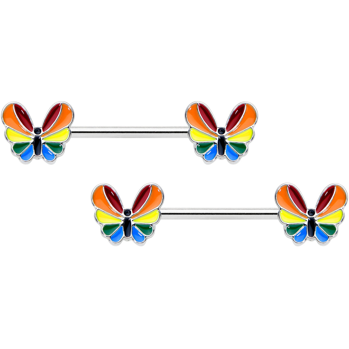 14G 9/16 Pride Rainbow Stripe Butterfly Barbell Nipple Ring Set