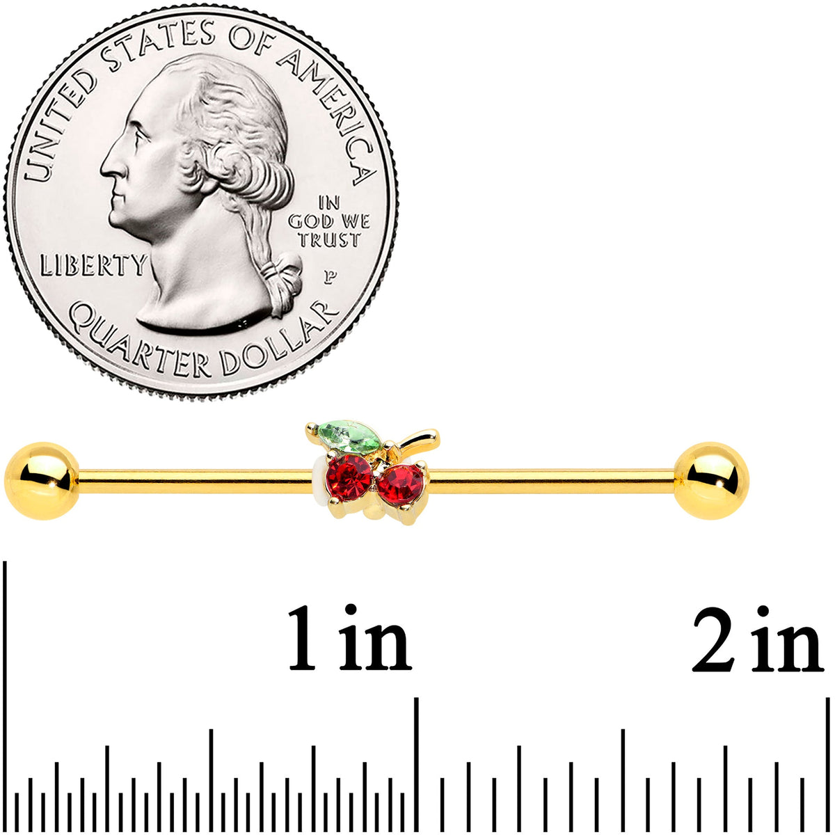 14G Red Gem Gold Tone Tasty Cherry Fruit Industrial Barbell 38mm