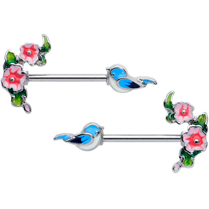 14G 9/16 Happy Blue Bird Pink Flowers Barbell Nipple Ring Set