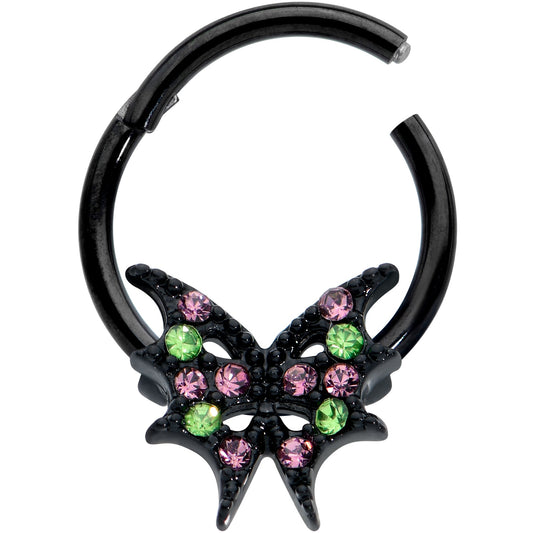 16G 3/8 Pink Green Gem Bat Wings Halloween Hinged Segment Ring