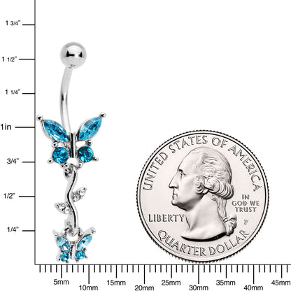 Clear Aqua Gem Vine Butterfly Dangle Belly Ring