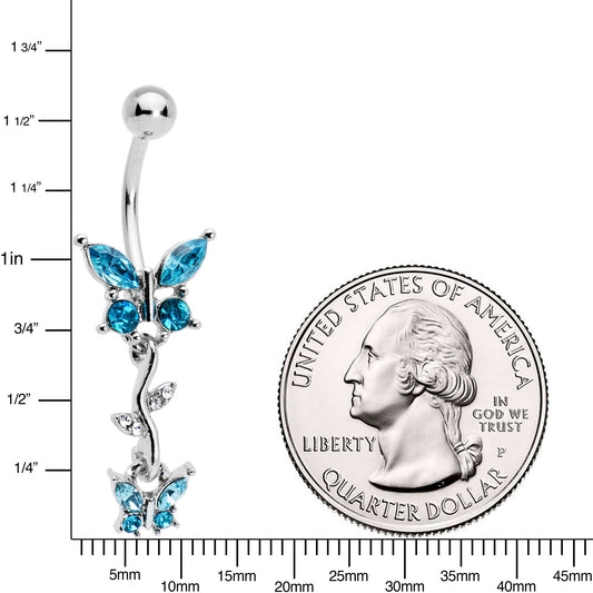 Clear Aqua Gem Vine Butterfly Dangle Belly Ring