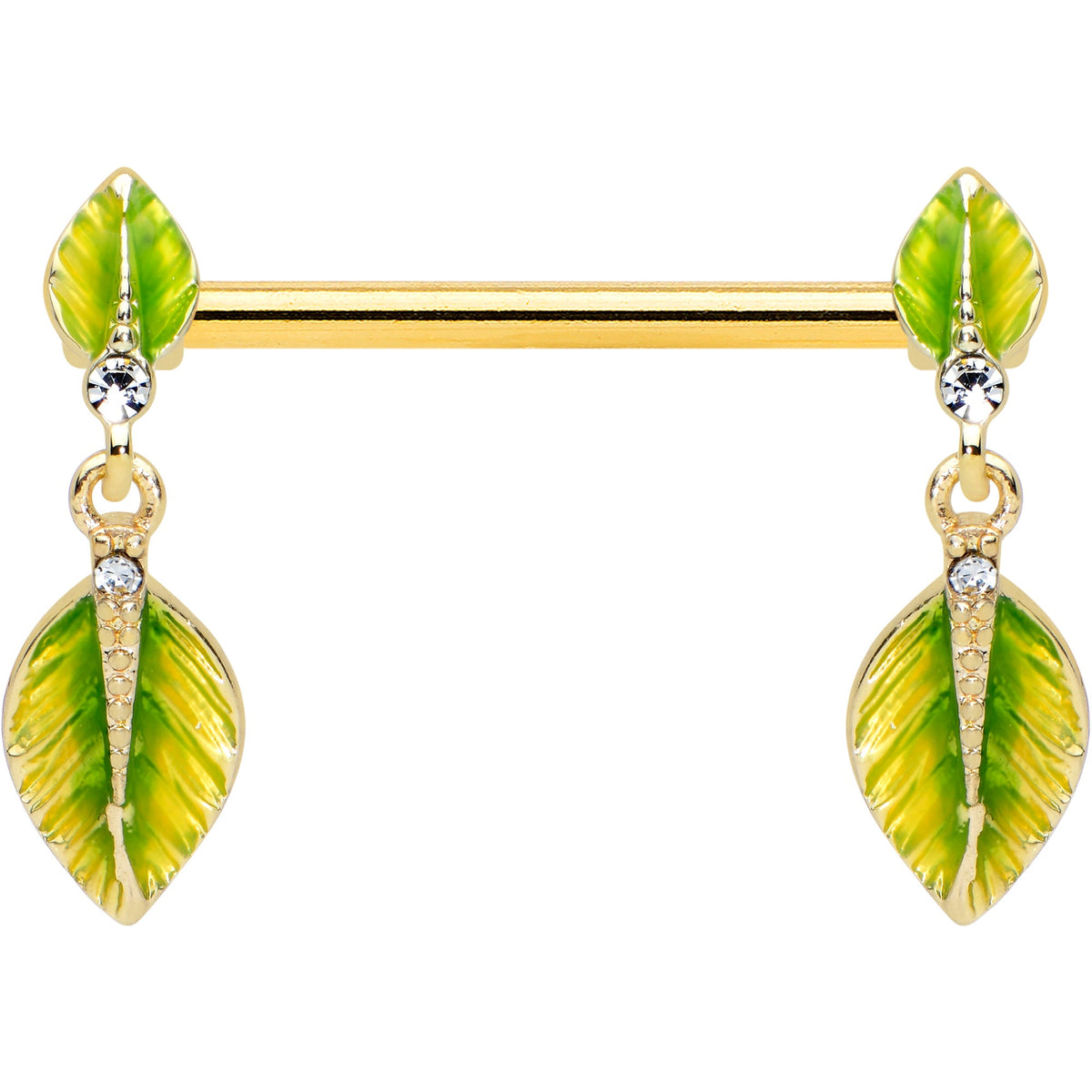14G 5/8 Clear Gem Gold Tone Lush Leaves Dangle Nipple Ring Set