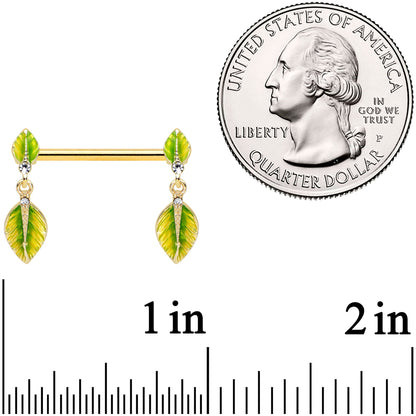 14G 5/8 Clear Gem Gold Tone Lush Leaves Dangle Nipple Ring Set