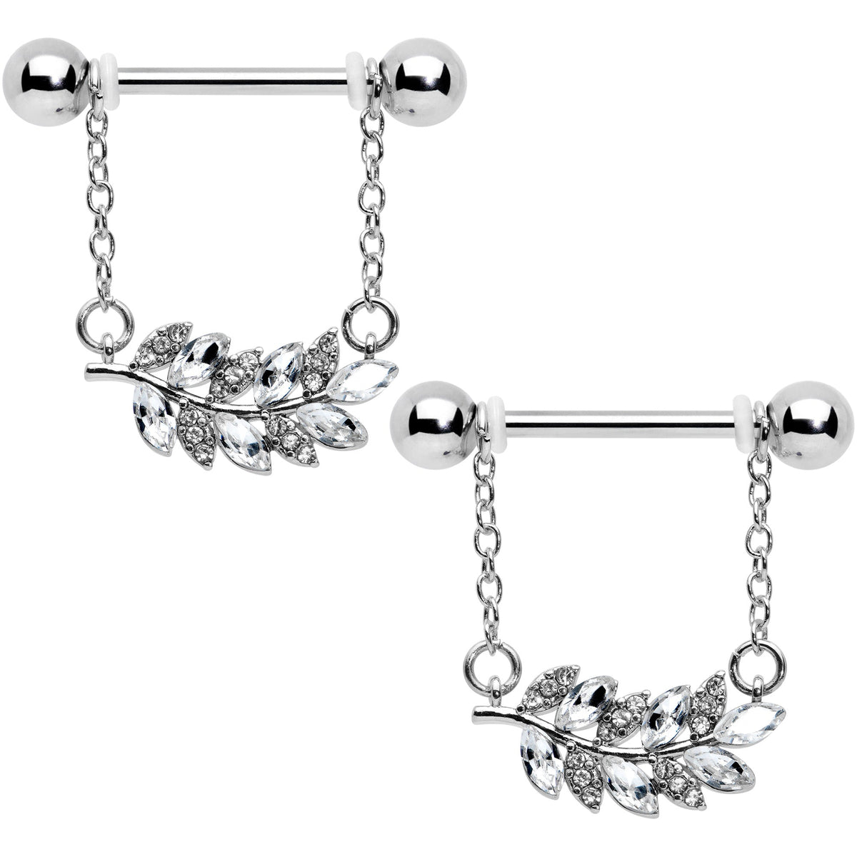 14G 9/16 Clear Gem Leafy Branch Dangle Nipple Ring Set