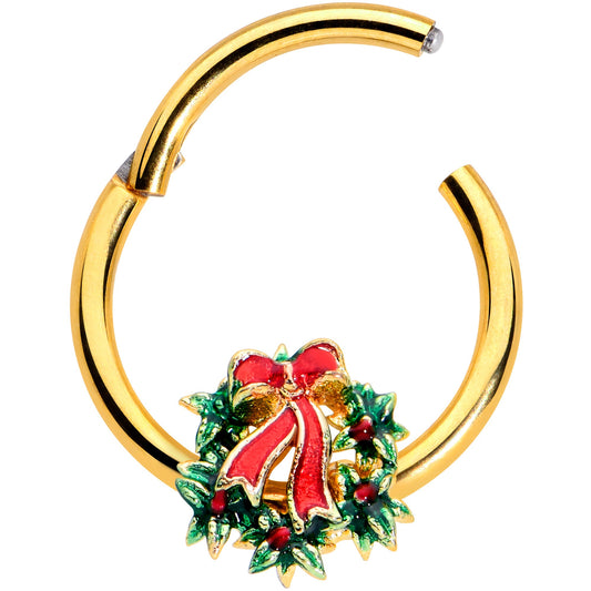 16G 3/8 Gold Hue Festive Christmas Wreath Bow Hinged Segment Ring