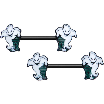 14G 9/16 Black Graveyard Ghost Halloween Barbell Nipple Ring Set