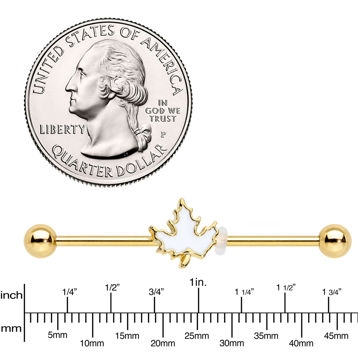 14G Gold Tone Autumn White Maple Leaf Industrial Barbell 38mm