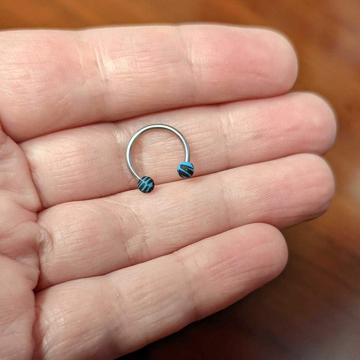 16G 3/8 Matte Blue Zebra Stripe Ends Horseshoe Circular Barbell