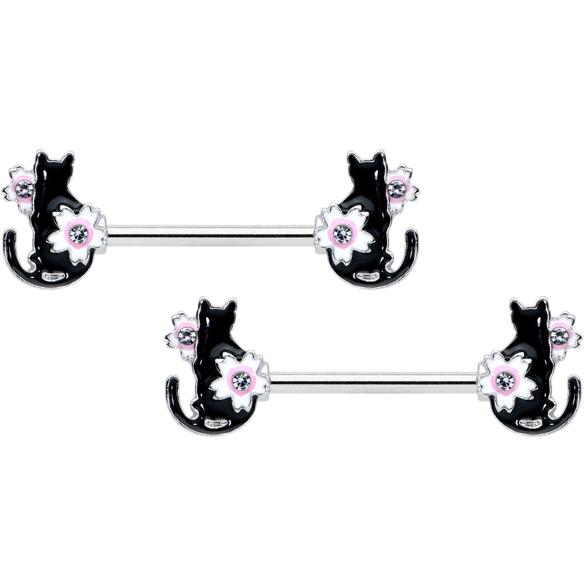 14G 9/16 Clear Gem Flowers Black Cat Barbell Nipple Ring Set
