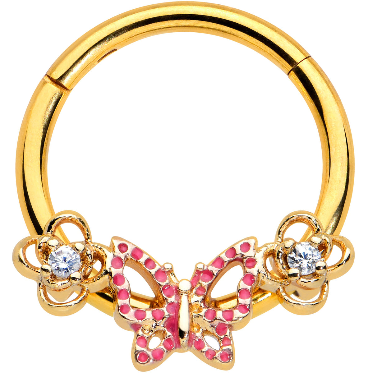 16G 3/8 Clear CZ Gem Gold Hue Sweet Butterfly Hinged Segment Ring