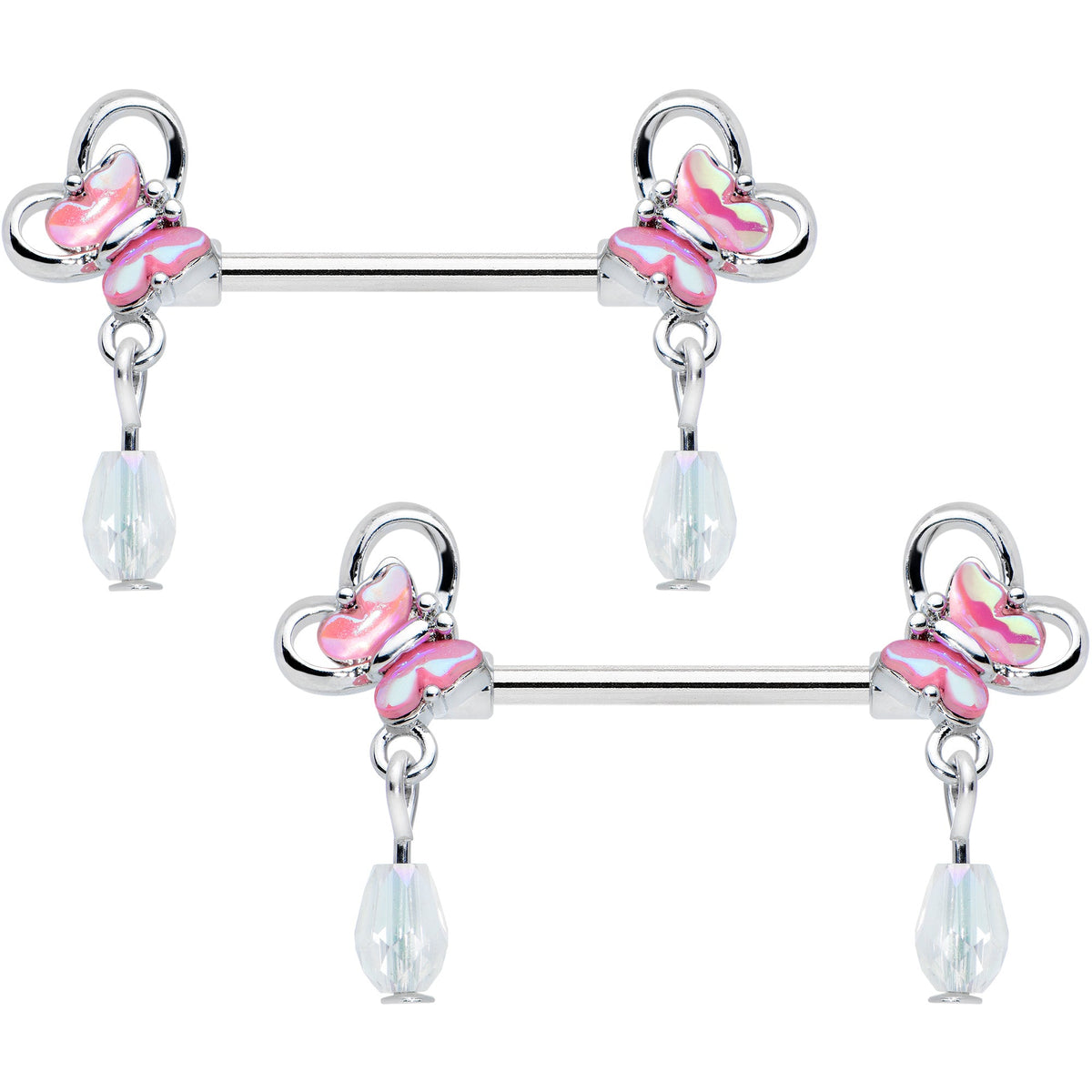 14G 9/16 Heart Pink Butterfly Dangle Barbell Nipple Ring Set