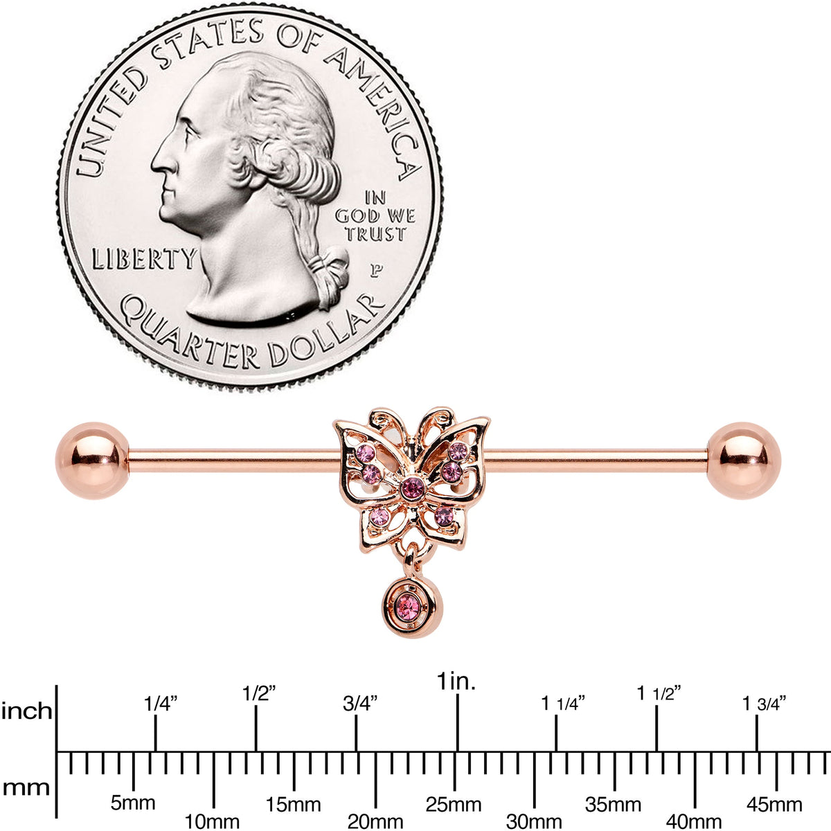 14G Pink CZ Gem Rose Gold Tone Butterfly Industrial Barbell 38mm