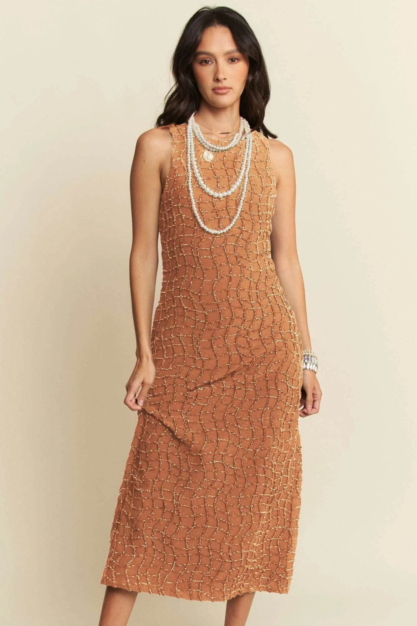 Davi & Dani Golden Textured Zippered Midi Dress