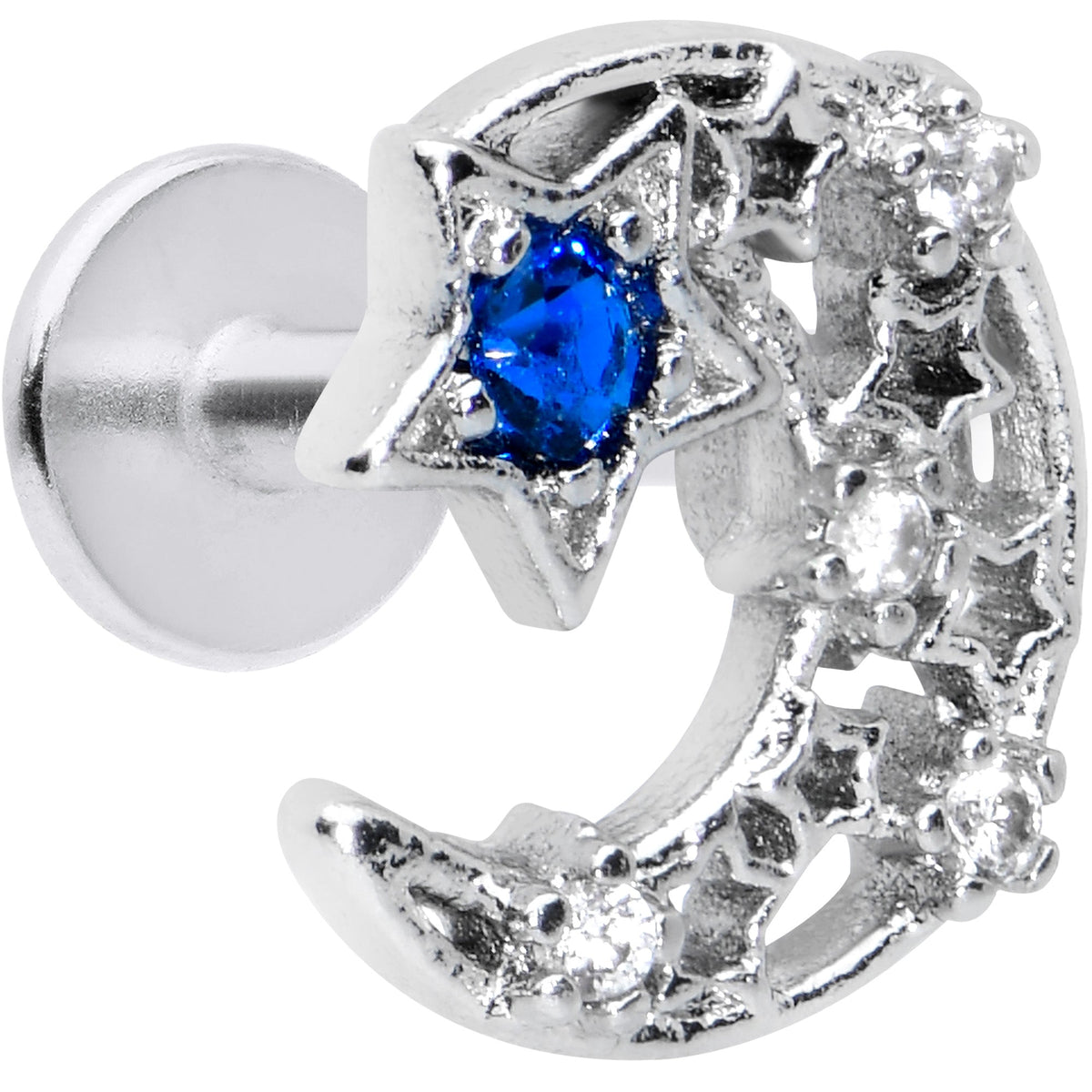 16G 1/4 Clear Blue Gem Star Crescent Moon Labret Monroe Tragus