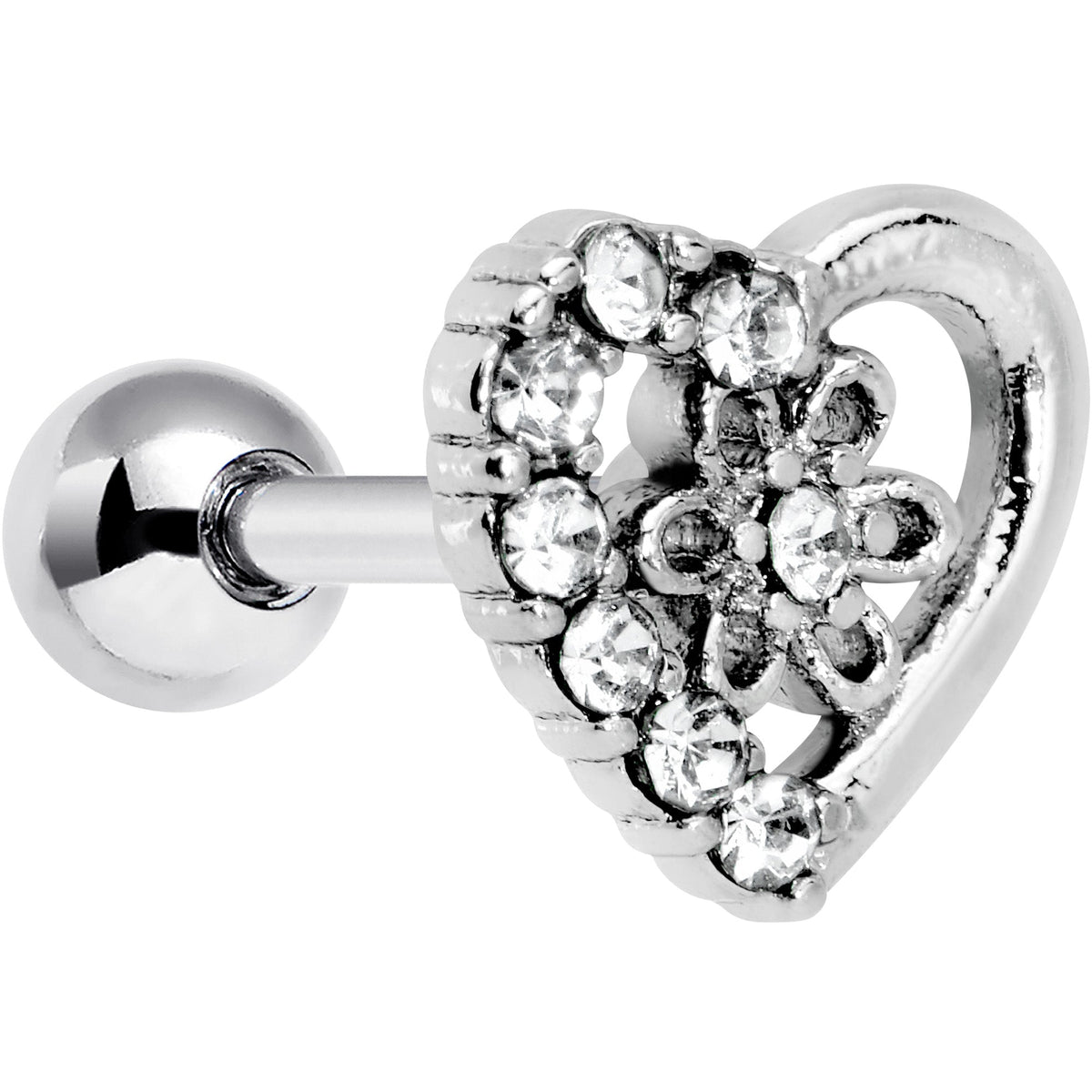 16G 1/4 Clear Gem Floral Hollow Heart Cartilage Tragus Earring