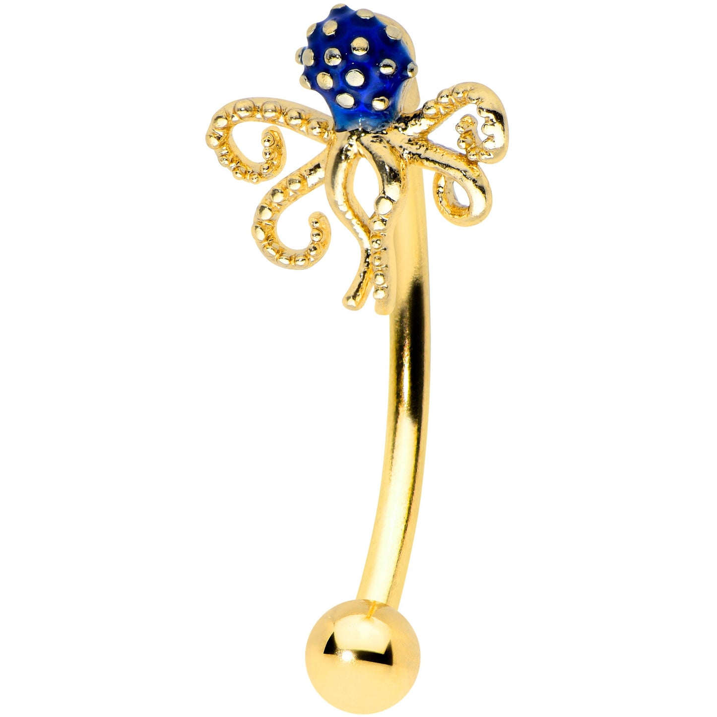 16G 5/16 Gold Tone Textured Blue Octopus Curved Eyebrow Ring