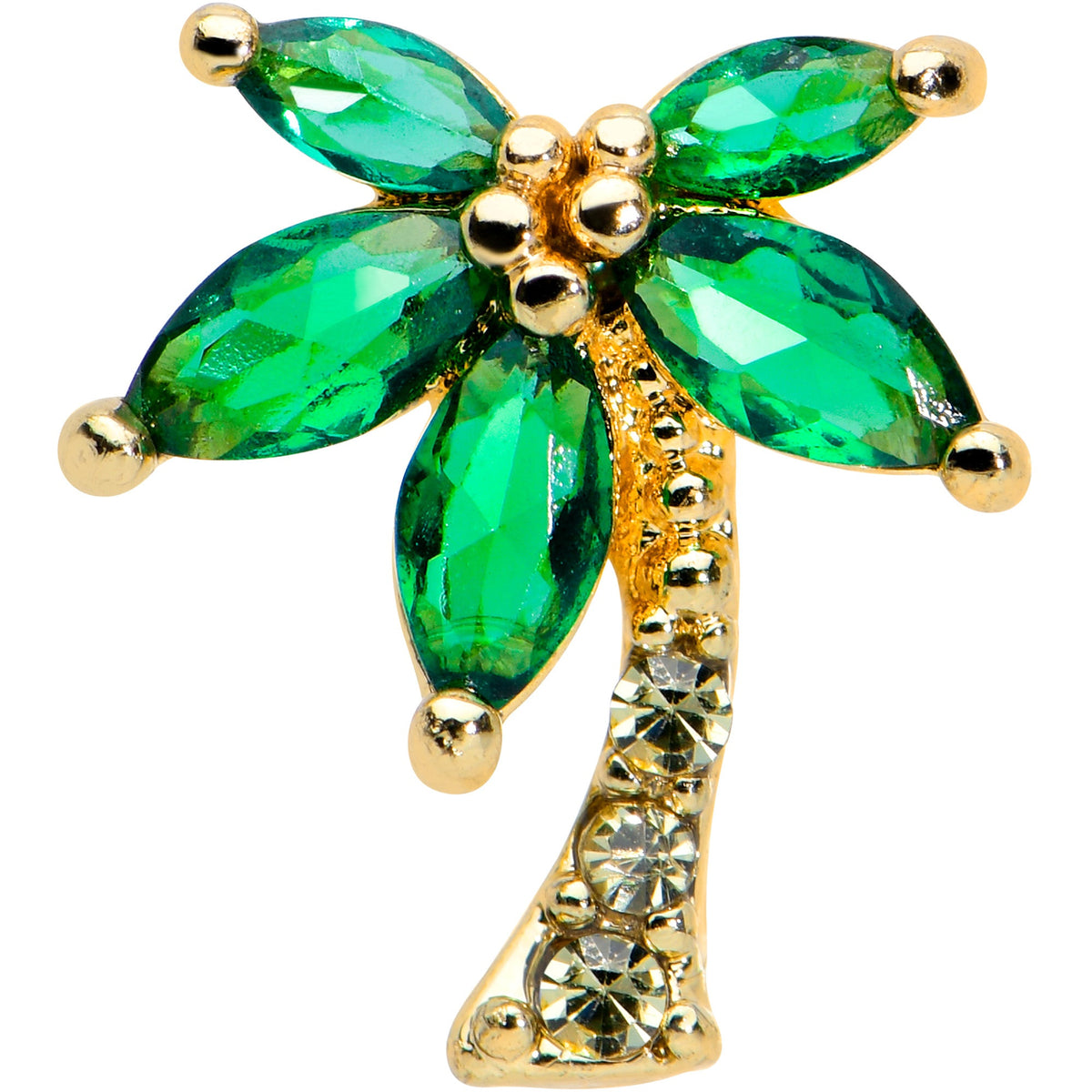 16G 1/4 Clear Green Gem Gold Tone Palm Tree Cartilage Tragus