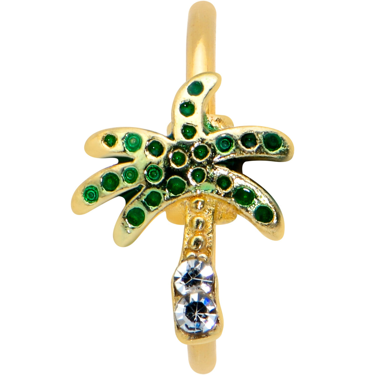 16G 5/16 Clear Green Gem Gold Tone Retro Palm Tree Nose Hoop