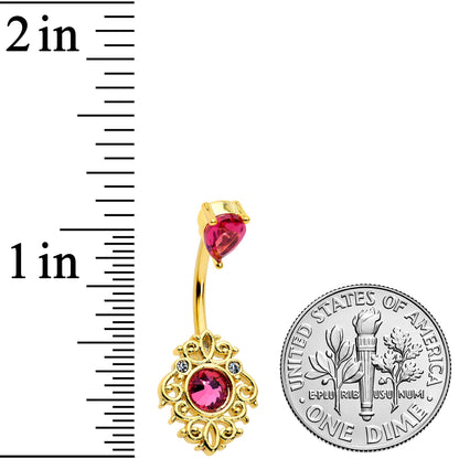 Clear Pink Gem Gold Tone Open Lace Love Double Mount Belly Ring