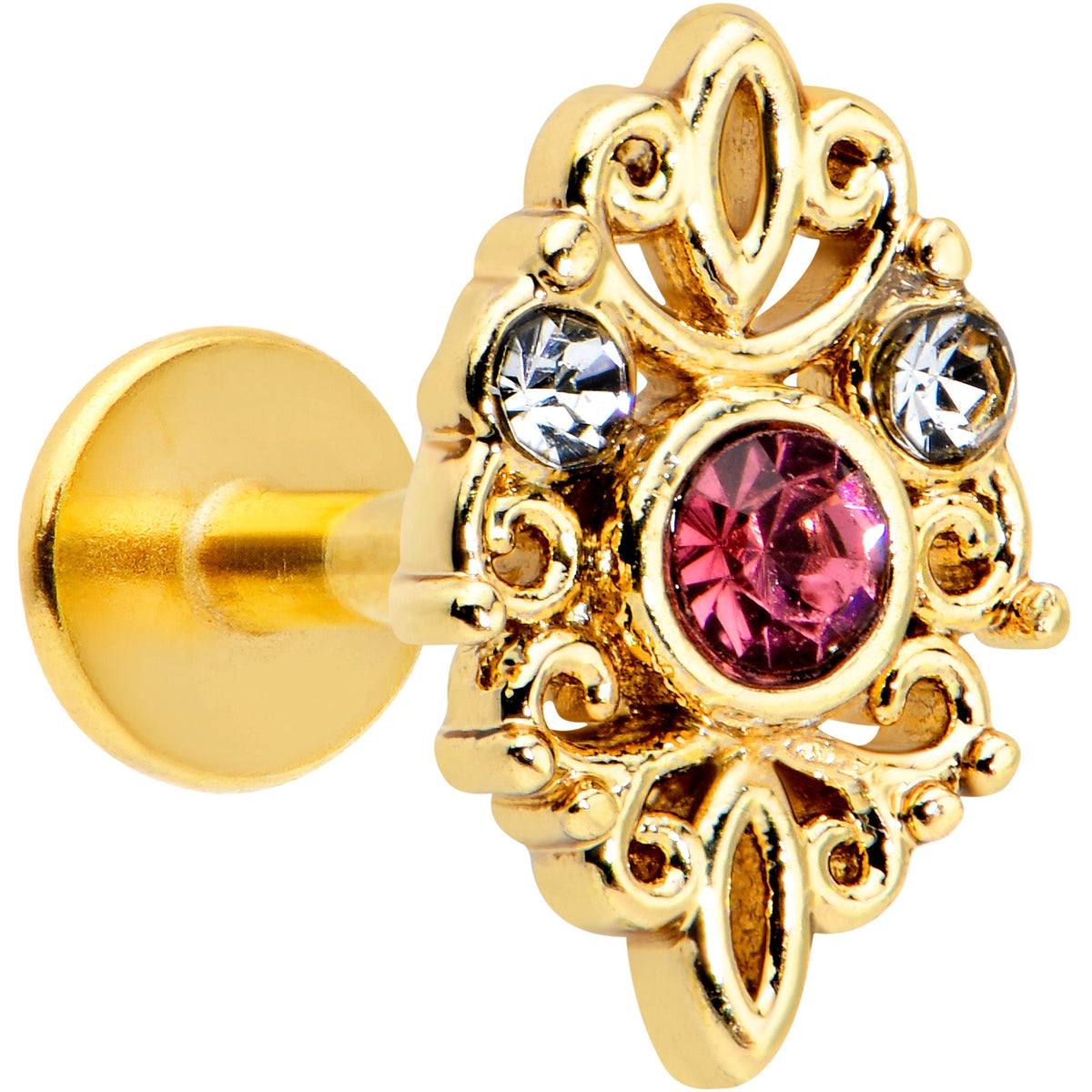 16G 1/4 Pink Clear Gem Gold Tone Lace Love Labret Monroe Tragus
