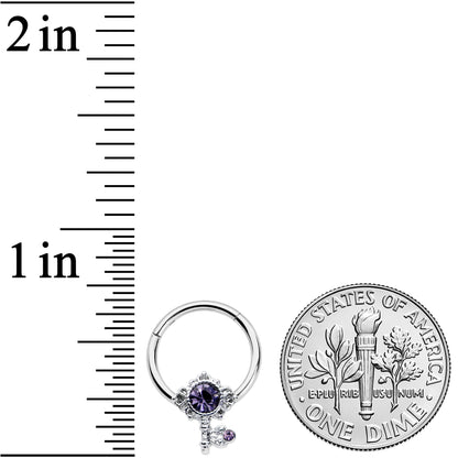 16G 3/8 Purple Gem Unlock My Heart Key Hinged Segment Ring