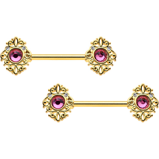 14G 9/16 Pink Gem Gold Hue Open Lace Love Barbell Nipple Ring Set