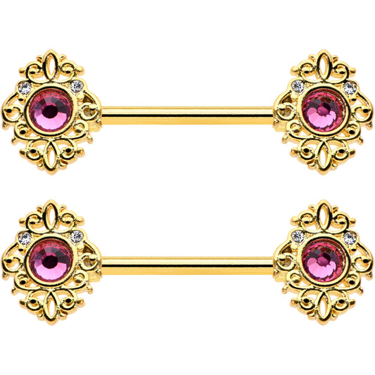 14G 9/16 Pink Gem Gold Hue Open Lace Love Barbell Nipple Ring Set