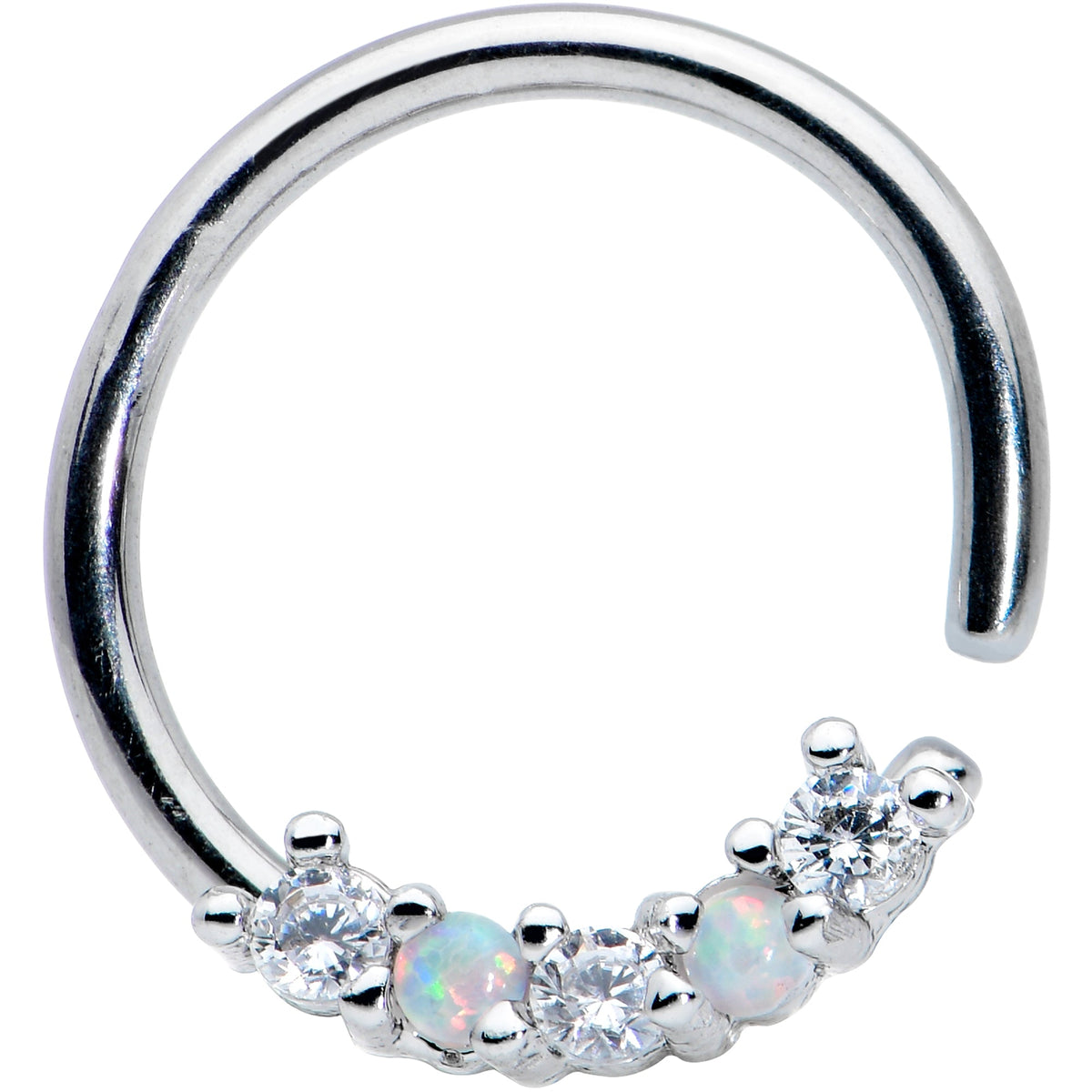 16G 3/8 White Synthetic Opal Clear CZ Gem Style Closure Ring