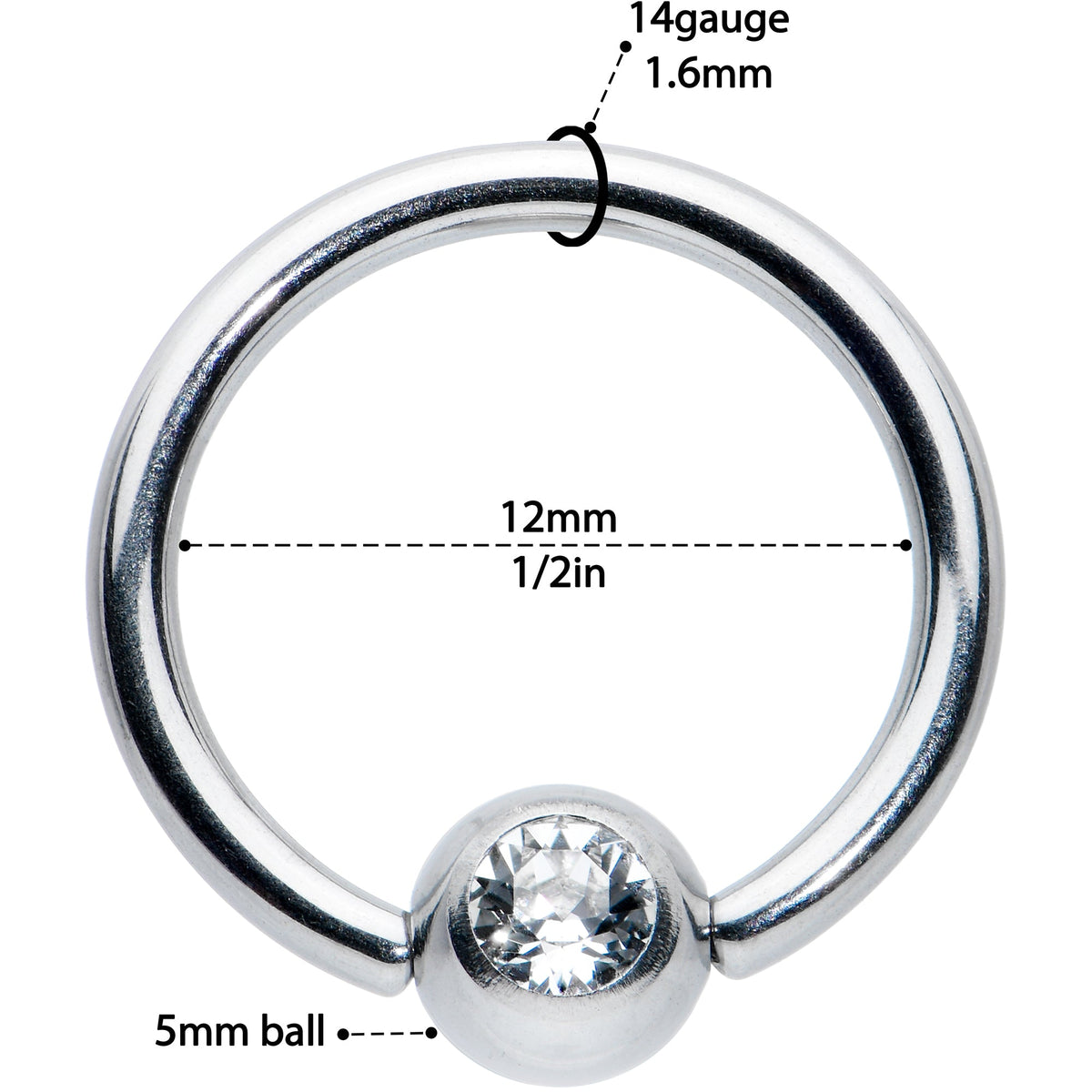 14G 1/2 Clear Gem BCR Captive Bead Ring